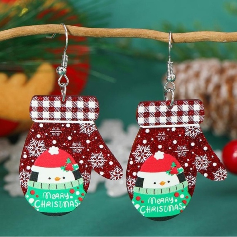 NWT - Glitter Winter Mitten with Penguin in Sweater Acrylic  Dangle Earrings